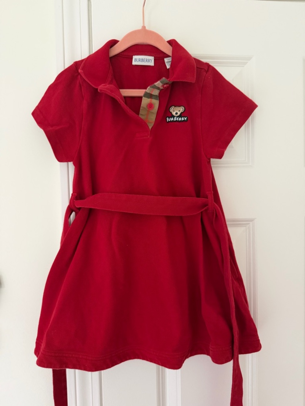 Burberry Girls' Red Polo Dress with Check Trim and Bear Patch